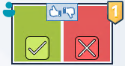 Thumbnail with split screen (half green with tick and half red with cross), thumbs up and down, user icon on the top left and a number on the top right.