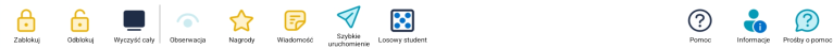 NetSupport School Tutor Console toolbar showing Lock [closed padlock], Unlock [open padlock], Blank All [filled monitor], Watch [eye], Rewards [star], Message [document], Quick Launch [paper aeroplane], Help [question mark], Info [user with 'i'] and Help Requests [question mark in speech bubble] icons.